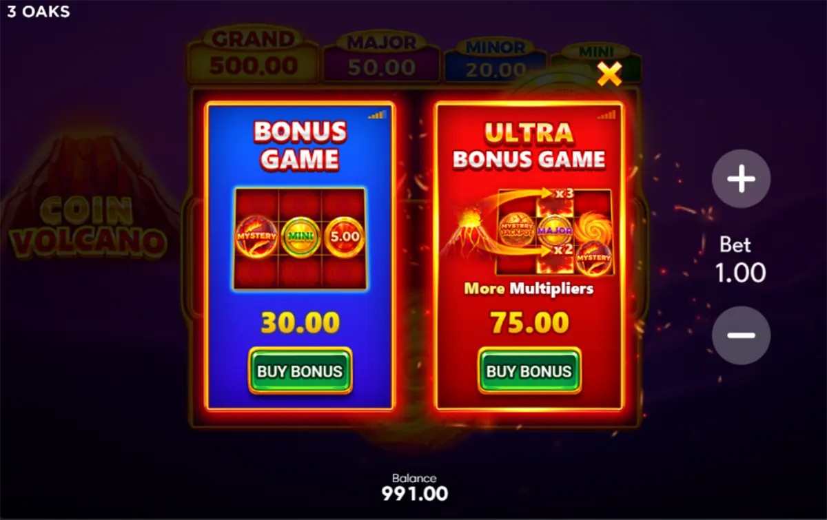 Screenshot of the Coin Volcano slot showing a bonus purchase screen with two options: “Bonus Game” for 30.00 and “Ultra Bonus Game” for 75.00 (more multipliers), each with a “Buy Bonus” button, plus bet controls on the right and jackpot tiers (Grand, Major, Minor, Mini) displayed at the top.