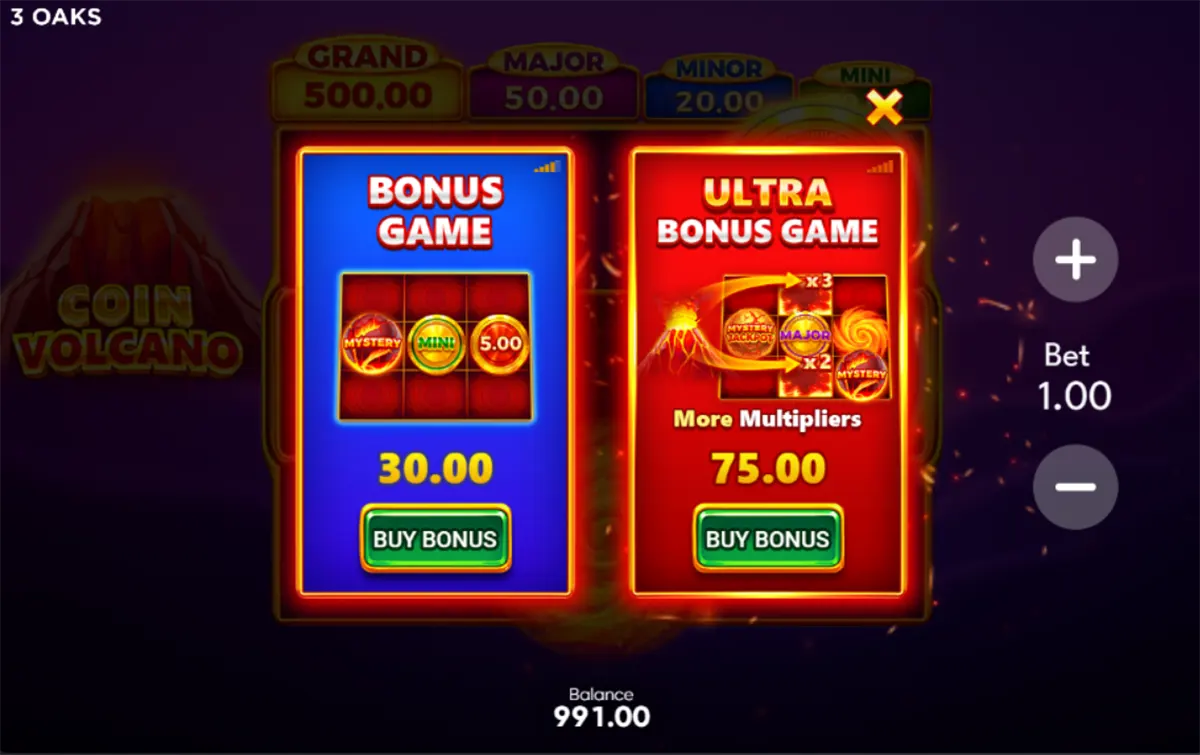 Screenshot of the Coin Volcano slot showing a bonus purchase screen with two options: “Bonus Game” for 30.00 and “Ultra Bonus Game” for 75.00 (more multipliers), each with a “Buy Bonus” button, plus bet controls on the right and jackpot tiers (Grand, Major, Minor, Mini) displayed at the top.